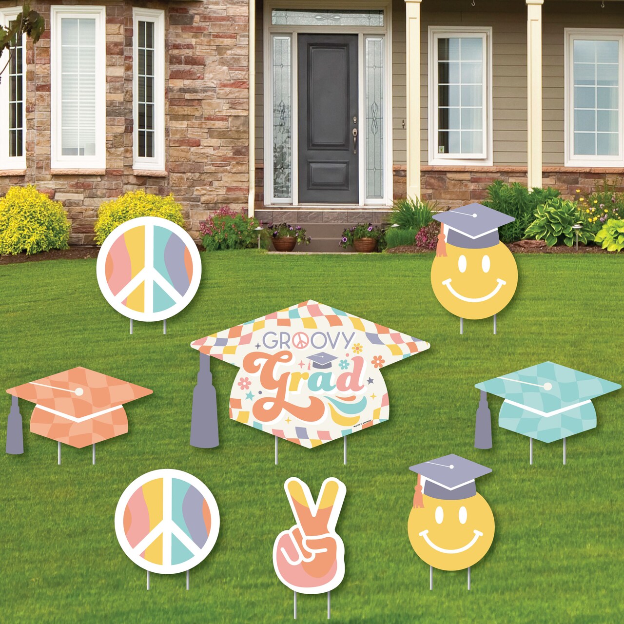 Big Dot of Happiness Groovy Graduation Hippie Outdoor Decorations - Graduation Yard Signs - Set of 8